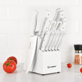 15-Piece White Carbon Steel Kitchen Knife Set with Wooden Block