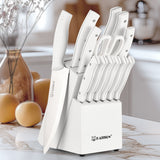 15-Piece White Carbon Steel Kitchen Knife Set with Wooden Block