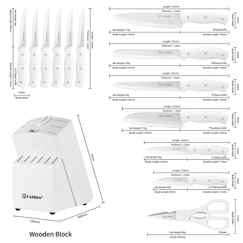 15-Piece White Carbon Steel Kitchen Knife Set with Wooden Block